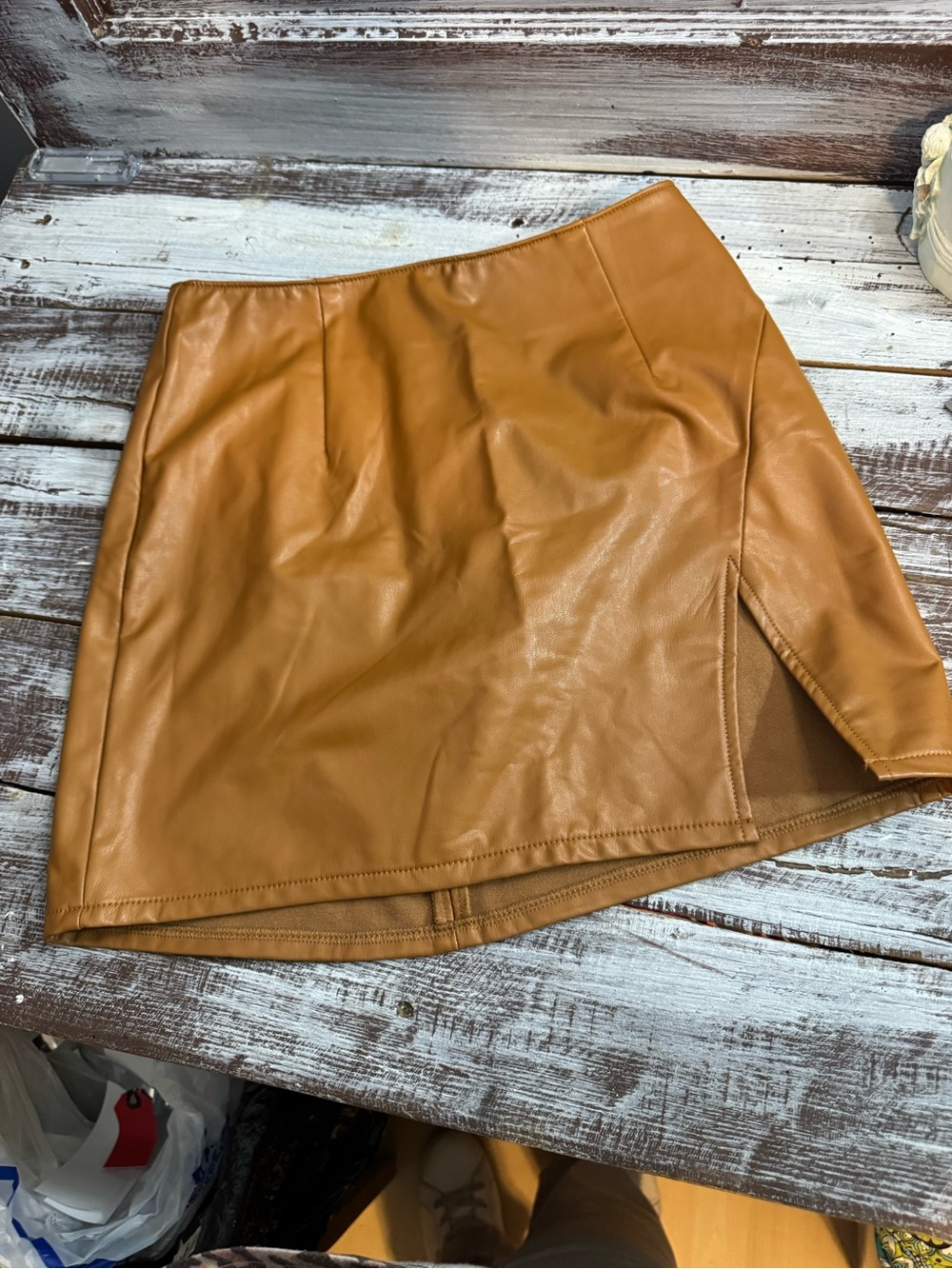 Rewash Tan Faux Leather Asymmetric Mini Skirt
